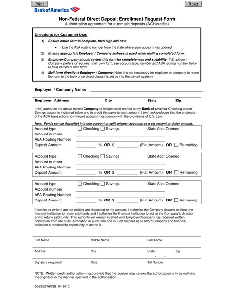 Your account type (checking or savings) and number. . Bank of america direct deposit authorization form